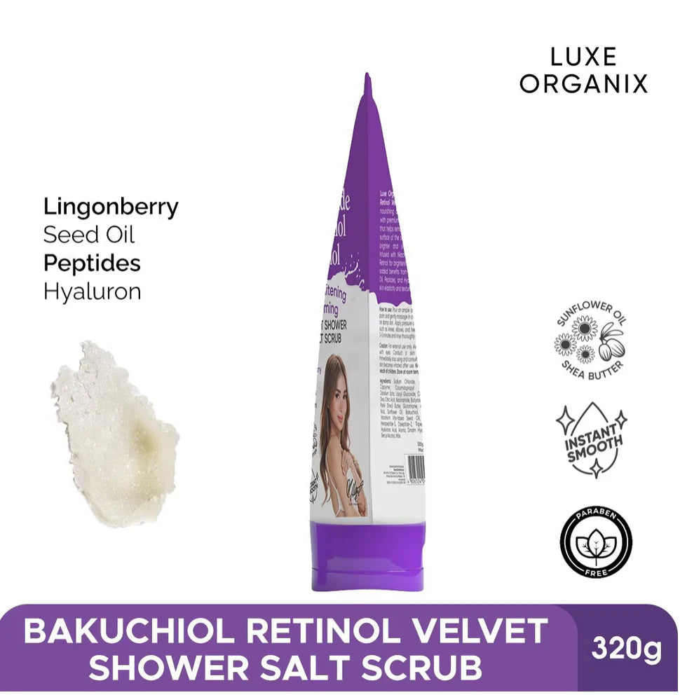 Luxe Organix Niacinamide + Bakuchiol Retinol Velvet Shower Salt Scrub 320g