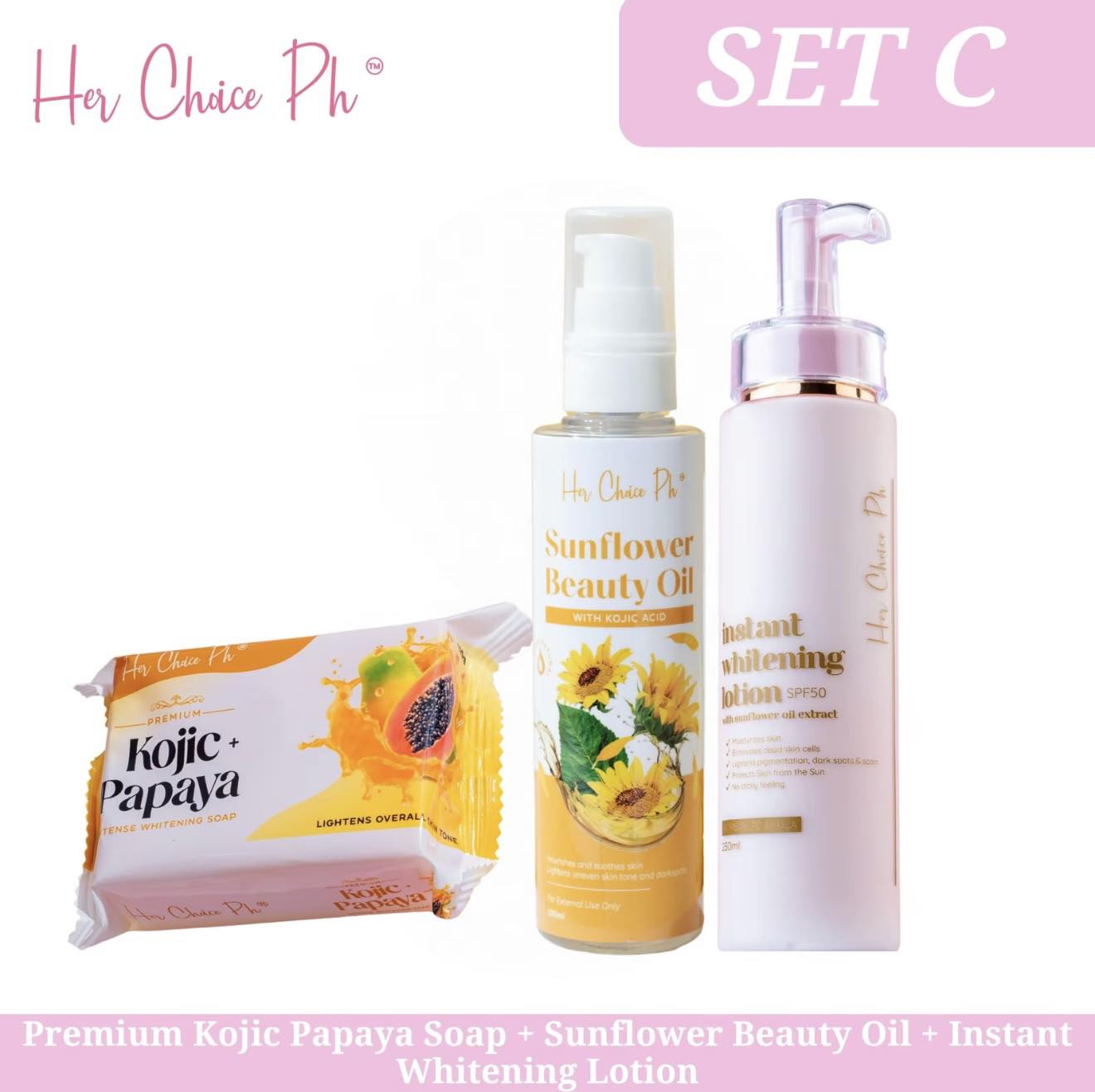 Her Choice Whitening Set (Kojic Soap, Whitening Lotion, Sunflower Beauty Oil)