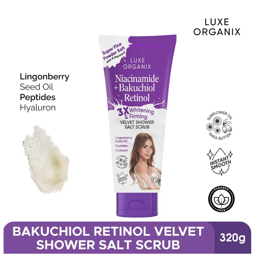 Luxe Organix Niacinamide + Bakuchiol Retinol Velvet Shower Salt Scrub 320g