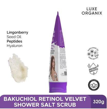 Luxe Organix Niacinamide + Bakuchiol Retinol Velvet Shower Salt Scrub 320g
