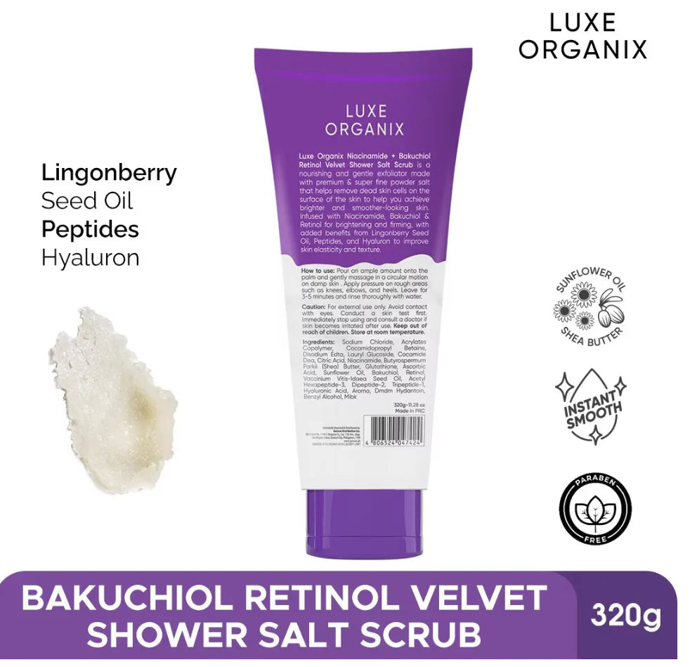 Luxe Organix Niacinamide + Bakuchiol Retinol Velvet Shower Salt Scrub 320g
