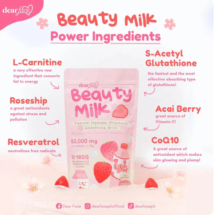 Dear Face Beauty Milk Premium Japanese Glutathione Strawberry Drink 180g